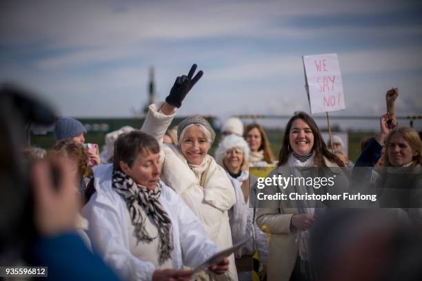 British actress Emma Thompson takes part in a protest march at the Preston New Road drill site where energy firm Cuadrilla have set up fracking...