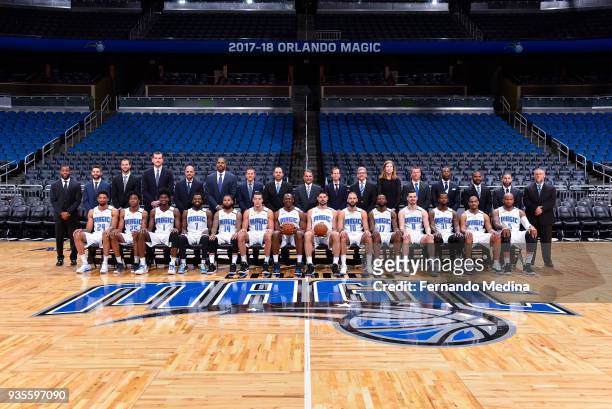The Orlando Magic pose for a team photo on March 20, 2018 at Amway Center in Orlando, Florida. NOTE TO USER: User expressly acknowledges and agrees...