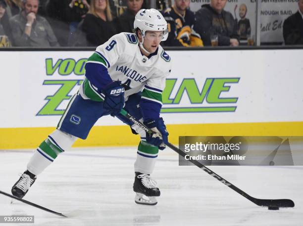 Brendan Leipsic of the Vancouver Canucks skates with the puck against the Vegas Golden Knights in the first period of their game at T-Mobile Arena on...