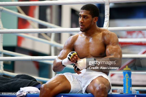 Anthony Joshua looks on during a media workout at the English Institute of Sport on March 21, 2018 in Sheffield, England.