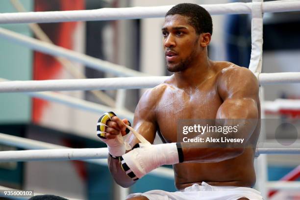 Anthony Joshua looks on during a media workout at the English Institute of Sport on March 21, 2018 in Sheffield, England.