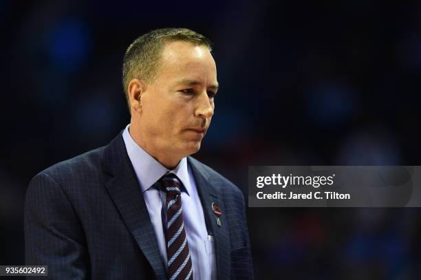 Head coach Billy Kennedy of the Texas A&M Aggies looks on during their game against the Providence Friars during the first round of the 2018 NCAA...