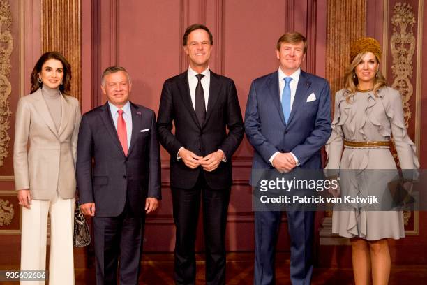 King Willem-Alexander and Queen Maxima of The Netherlands, King Abdullah of Jordan and Queen Rania of Jordan with Prime minister Mark Rutte during...