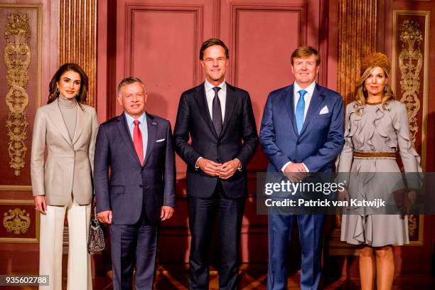 King Willem-Alexander and Queen Maxima of The Netherlands, King Abdullah of Jordan and Queen Rania of Jordan with Prime minister Mark Rutte during...