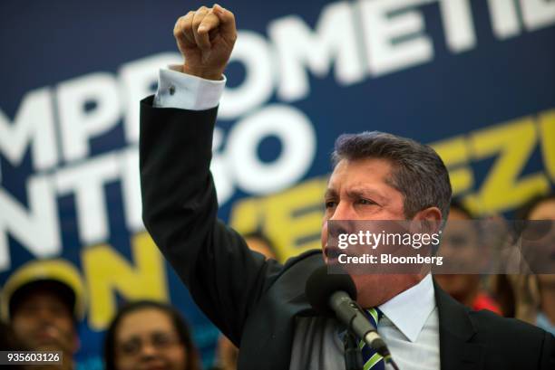 Henri Falcon, presidential candidate for the Progressive Advance Party, speaks during a press conference in Caracas, Venezuela, on Tuesday, March 20,...