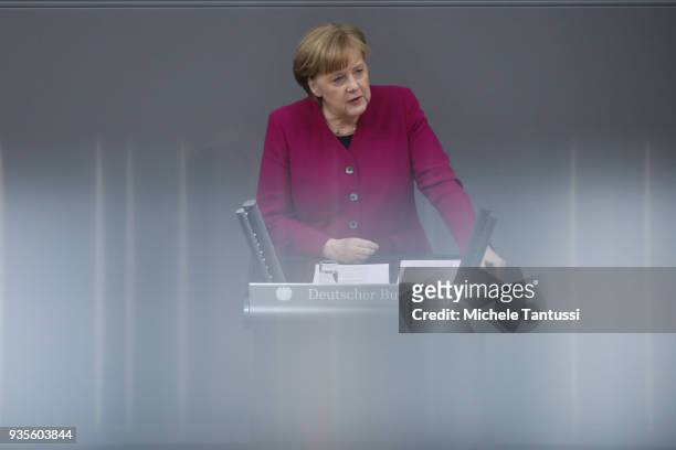 German Chancellor Angela Merkel presents the first government declaration of her new government to outline the policy course for the next four years...