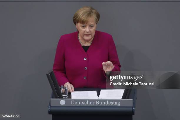 German Chancellor Angela Merkel presents the first government declaration of her new government to outline the policy course for the next four years...