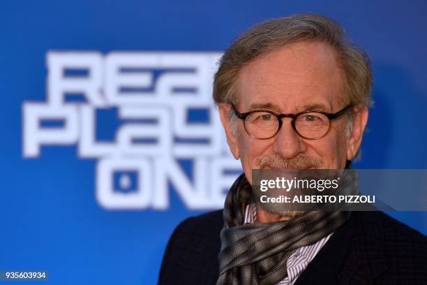 Director Steven Spielberg poses during a photocall ahead of the premiere of his last movie "Ready Player One" on March 21, 2018 in Rome. / AFP PHOTO...