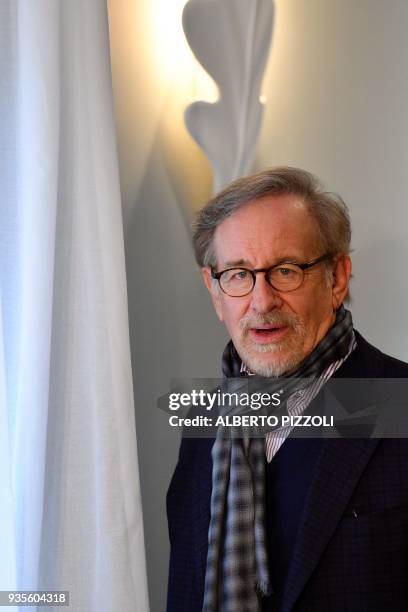 Director Steven Spielberg poses during a photocall ahead of the premiere of his last movie "Ready Player One" on March 21, 2018 in Rome.