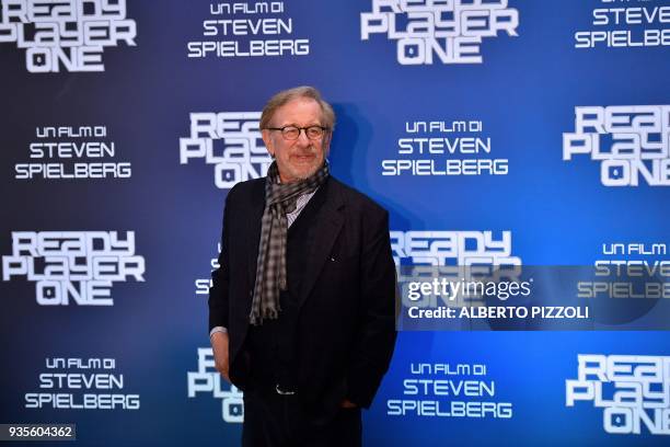 Director Steven Spielberg poses during a photocall ahead of the premiere of his last movie "Ready Player One" on March 21, 2018 in Rome. / AFP PHOTO...