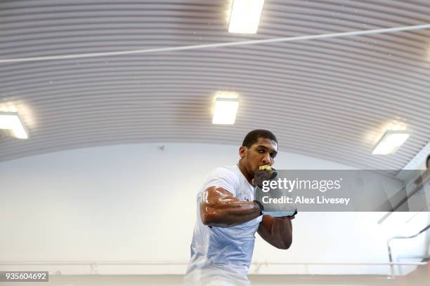 Anthony Joshua trains during a media workout at the English Institute of Sport on March 21, 2018 in Sheffield, England.