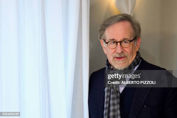 Director Steven Spielberg poses during a photocall ahead of the premiere of his last movie "Ready Player One" on March 21, 2018 in Rome.