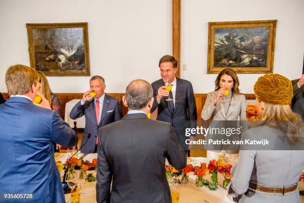 King Willem-Alexander and Queen Maxima of The Netherlands, King Abdullah of Jordan and Queen Rania of Jordan with Prime minister Mark Rutte during...