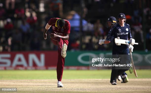 Jason Holder of the West Indies kicks the ground during The ICC Cricket World Cup Qualifier between the West Indies and Scotland at The Harare Sports...