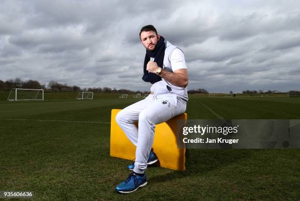 Hughie Fury poses after his media workout at Bolton Wanderers FC Academy on March 21, 2018 in Bolton, England.