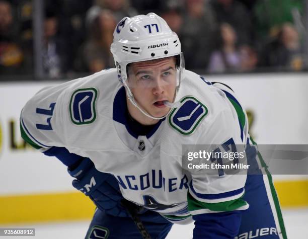 Nikolay Goldobin of the Vancouver Canucks waits for a faceoff in the first period of a game against the Vegas Golden Knights at T-Mobile Arena on...
