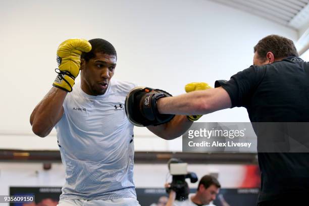 Anthony Joshua trains during a media workout at the English Institute of Sport on March 21, 2018 in Sheffield, England.