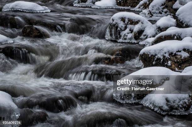 Stream is pictured with long exposure at winter on March 17, 2018 in Liberec, Czech Republic.