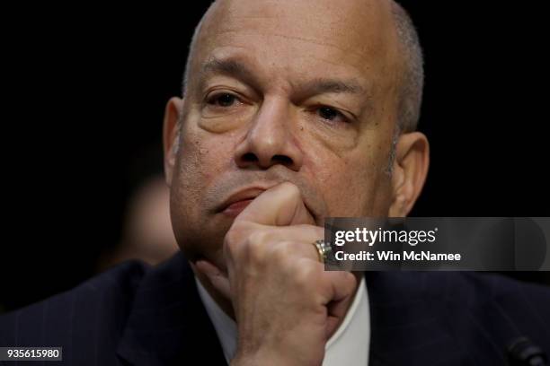 Former Homeland Security Secretary Jeh Johnson testifies before the Senate Intelligence Committee March 21, 2018 in Washington, DC. The committee...