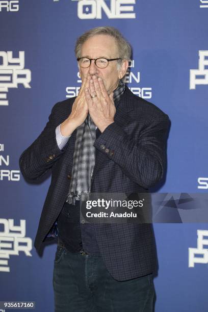 Director Steven Spielberg greets people as he attends the photocall of the movie "Ready Player One" at Hotel De Russie in Rome, Italy on March 21,...