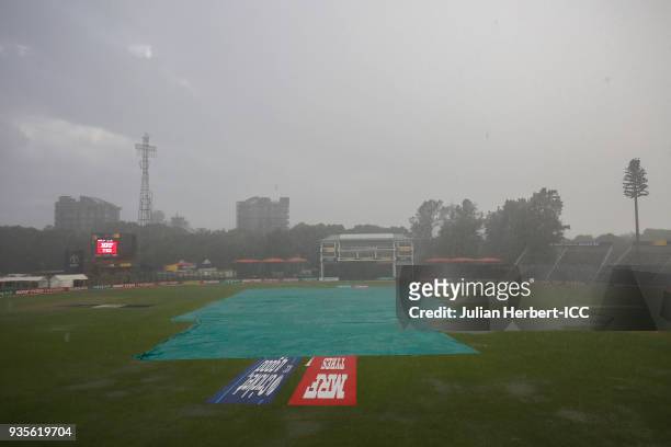 General view of the ground when rain stopped play during The ICC Cricket World Cup Qualifier between the West Indies and Scotland at The Harare...