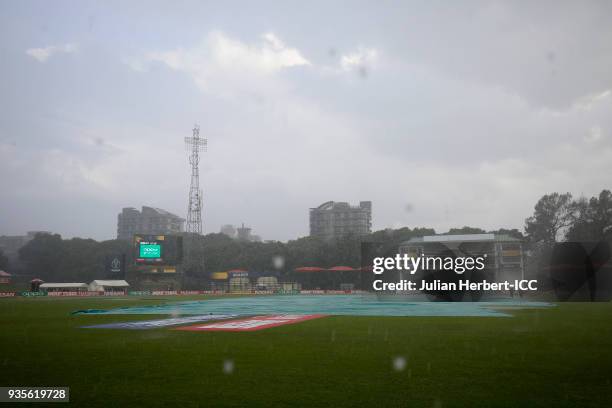 General view of the ground when rain stopped play during The ICC Cricket World Cup Qualifier between The West Indies and Scotland at The Harare...