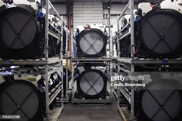 Truck engine cooling modules sit stacked on a landing dock at the MAHLE Behr Charleston Inc. Auto part facility in Charleston, South Carolina, U.S.,...