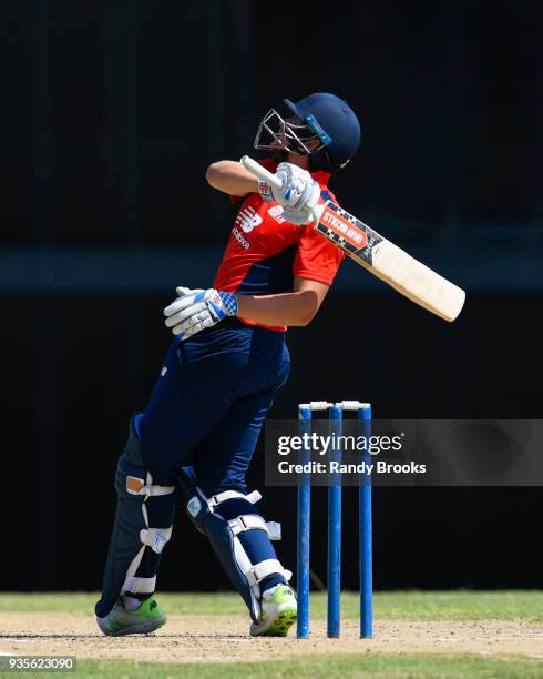 Joe Clarke hits 6 during the ECB North v South Series match Two at Kensington Oval on March 21, 2018 in Bridgetown, Barbados.