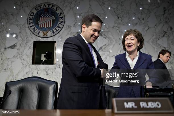 Senator Susan Collins, a Republican from Maine, right, and Senator Marco Rubio, a Republican from Florida, arrive to a Senate Intelligence Committee...