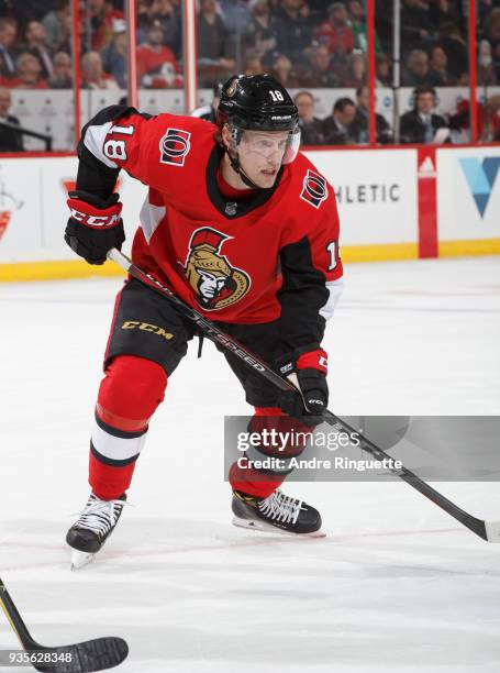 Ryan Dzingel of the Ottawa Senators skates against the Dallas Stars at Canadian Tire Centre on March 16, 2018 in Ottawa, Ontario, Canada.