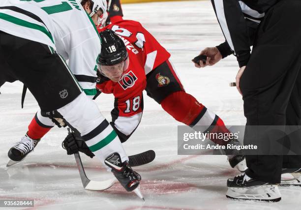 Ryan Dzingel of the Ottawa Senators prepares for a faceoff against the Dallas Stars at Canadian Tire Centre on March 16, 2018 in Ottawa, Ontario,...