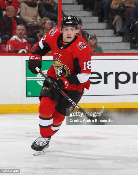 Ryan Dzingel of the Ottawa Senators skates against the Dallas Stars at Canadian Tire Centre on March 16, 2018 in Ottawa, Ontario, Canada.