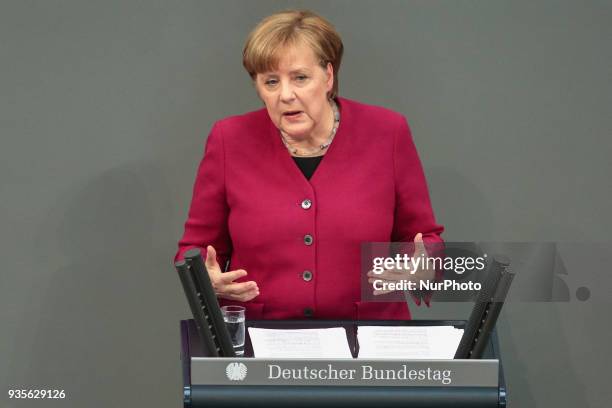 German Chancellor Angela Merkel delivers the first government declaration of her new government to outline her political plans for the next four...