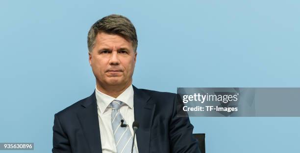 Harald Krueger looks on during the annual results press conference of BMW AG on March 21, 2018 in Munich, Germany.