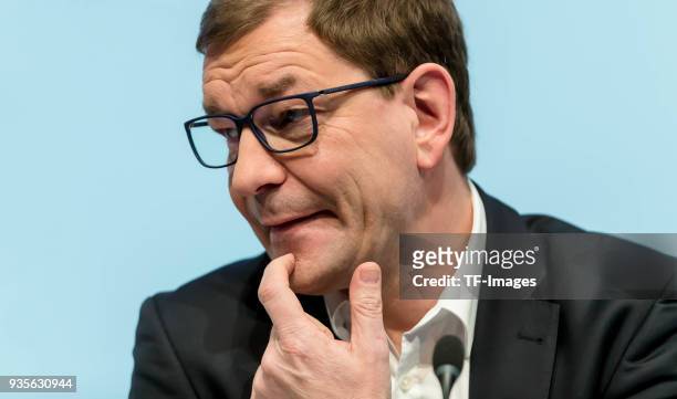 Member of the Board Markus Duesmann looks on during the annual results press conference of BMW AG on March 21, 2018 in Munich, Germany.
