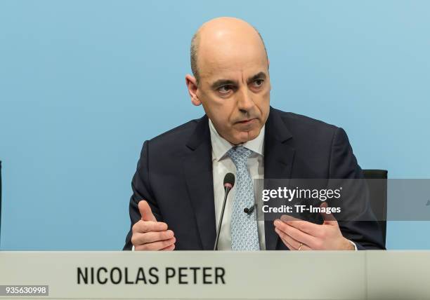 Member of the Board Dr. Nicolas Peter gestures during the annual results press conference of BMW AG on March 21, 2018 in Munich, Germany.