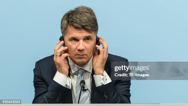 Harald Krueger looks on during the annual results press conference of BMW AG on March 21, 2018 in Munich, Germany.