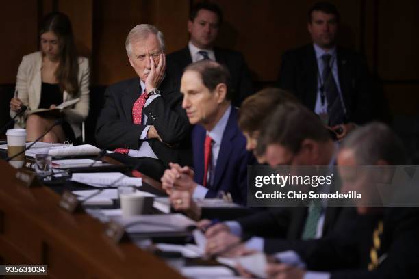 Senate Intelligence Committee member Sen. Angus King listens to fellow committee memebrs question witnesses during a hearing in the Hart Senate...