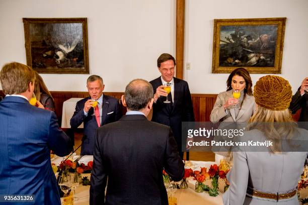 King Willem-Alexander and Queen Maxima of The Netherlands, King Abdullah of Jordan and Queen Rania of Jordan with Prime minister Mark Rutte during...