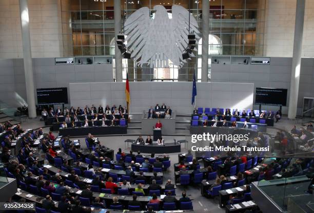 German Chancellor Angela Merkel presents the first government declaration of her new government to outline the government's policy course for the...