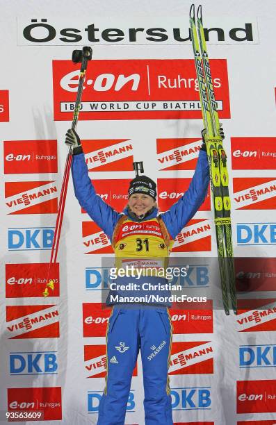 Helena Jonsson of Sweden won the first race of the season in the Women's 15 km Individual event of the E.ON Ruhrgas IBU Biathlon World Cup on...