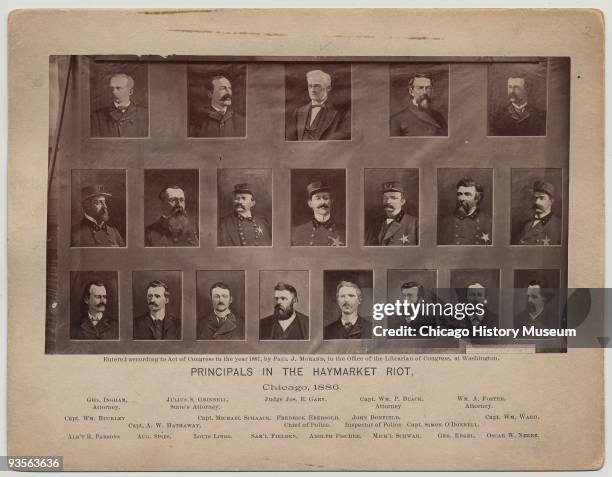 Illustration depicting the principal figures associated with the Haymarket Riot, Chicago, 1880. The top two rows show attorneys, judges, and...