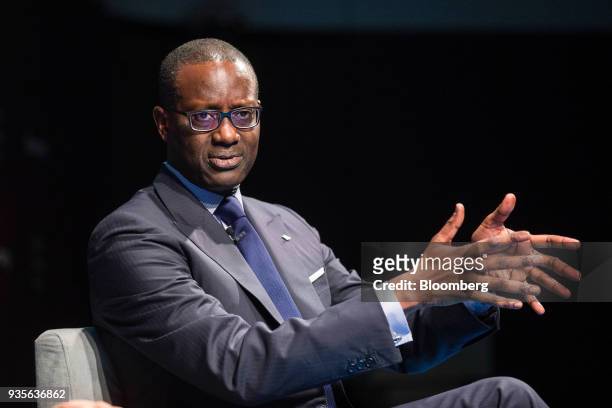 Tidjane Thiam, chief executive officer of Credit Suisse Group AG, gestures while speaking in an interview during the European Capital Markets at...