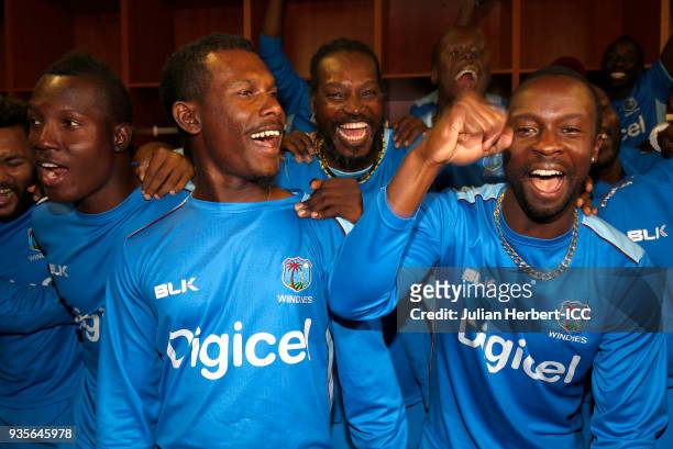 West Indies players celebrate after The ICC Cricket World Cup Qualifier between The West Indies and Scotland at The Harare Sports Club on March 21,...