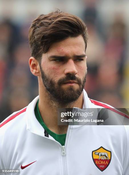 Alisson of Roma looks on prior the serie A match between FC Crotone and AS Roma at Stadio Comunale Ezio Scida on March 18, 2018 in Crotone, Italy.