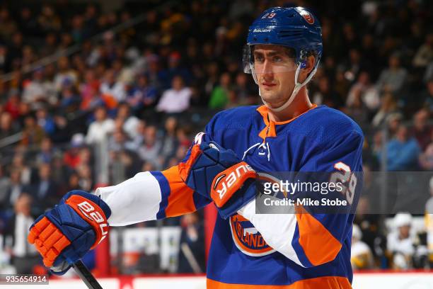 Brock Nelson of the New York Islanders skates against the Pittsburgh Penguins at Barclays Center on March 20, 2018 in New York City. New York...
