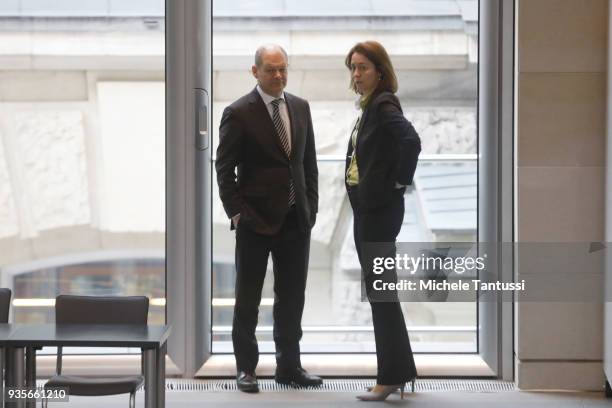 Finance Ministry and vice Chancellor, Olaf Scholz speaks with Justice Ministry, Katarina Barley after the first government declaration of the new...