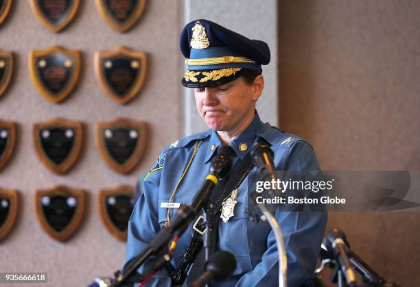 Massachusetts State Police Colonel Kerry Gilpin listens to a reporter's question after she addressed the media at the State Police Headquarters in...