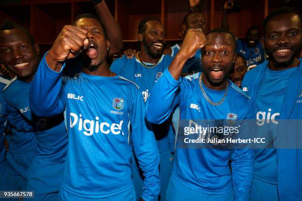 West Indies players celebrate after The ICC Cricket World Cup Qualifier between The West Indies and Scotland at The Harare Sports Club on March 21,...