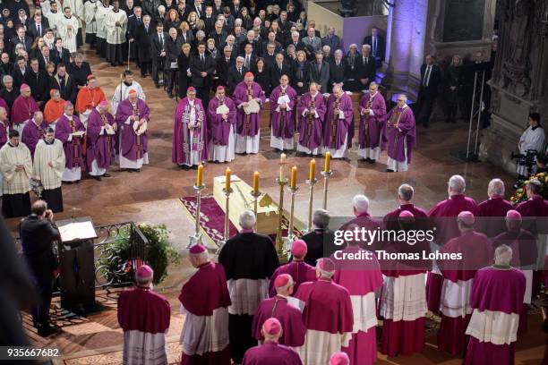 Cardinals, Bishops and priest stand around the coffin of Cardinal Karl Lehmann during the funeral service for Lehmann in the Mainzer Dom cathedral on...